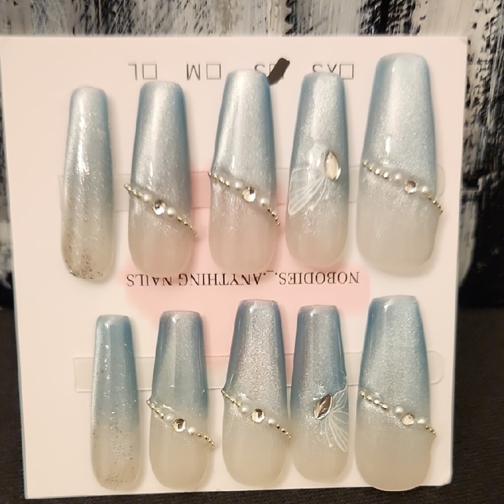 Blue and White Press-On Nails